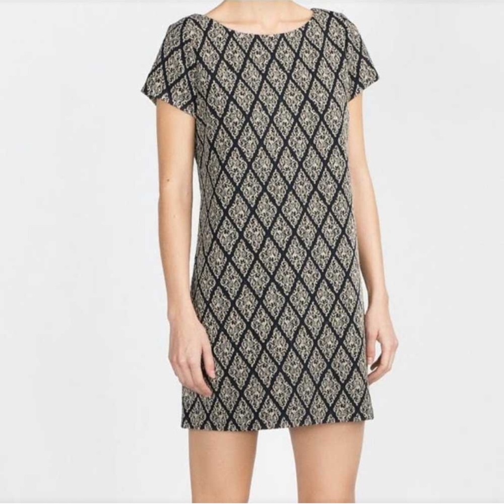 Zara Woman short sleeve gold metallic threading mini jacquard L navy blue dress - Picture 14 of 14